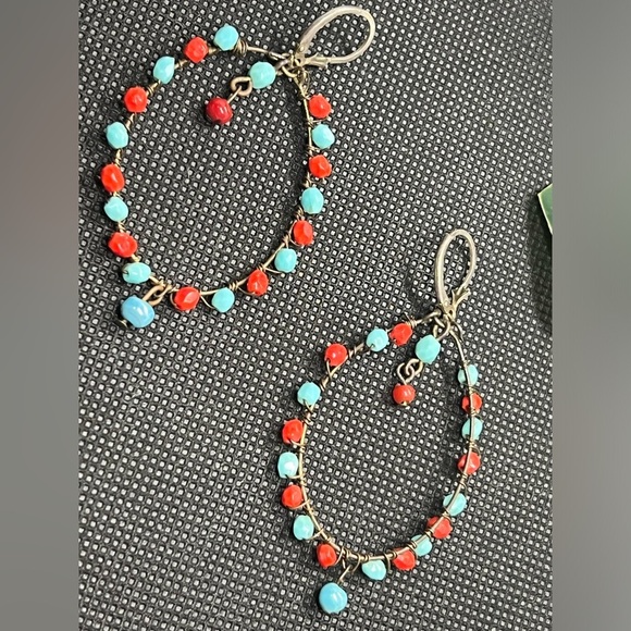 Turquoise and coral bohemian hoop drop earrings lightweight - Picture 5 of 6